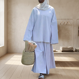 Women's Striped Modest Abaya Blouse Skirt Set Long Sleeve Loose Fit Breathable Full Length Traditional <b>Islamic</b> <b>Clothing</b> - Product Image 4