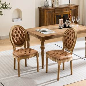 كرسي طعام أنيق وفاخر وعصري من الجلد الصناعي الرملي بتصميم فرنسي عتيق مبطن مع خشب صلب، طقم من قطعتين - Product Image 4