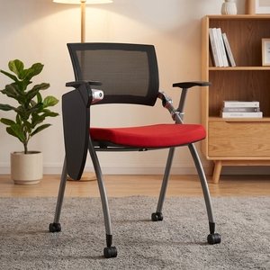 Chaise de réunion et de formation moderne pliable en maille avec tablette d'écriture et porte-gobelet - Product Image 1