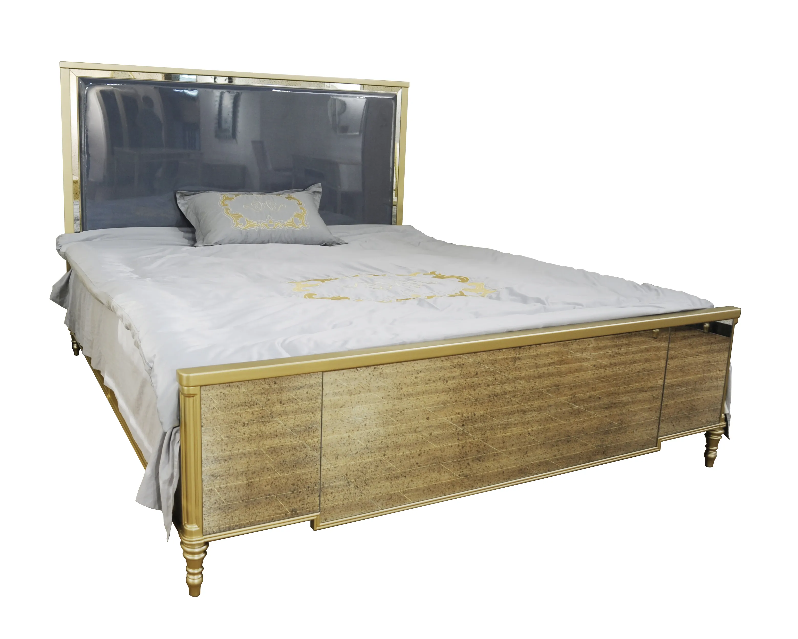 GuanYe โบราณ Mirrored สไตล์โมเดิร์นห้องนอนโบราณสีเงินทาสี Mirrored Solid เตียงไม้