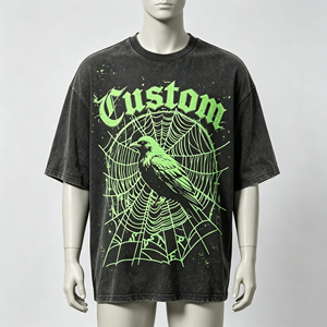 T-shirt da uomo personalizzata con stampa a ragnatela e corvo verde neon, oversize, con spalle scese, nera, stile streetwear gotico, pesante, 100% cotone, taglio corto - Product Image 2