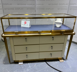 Mostrador de Exhibición de Joyería de Lujo en <span class=keywords><strong>Crema</strong></span> Dorada, Mostrador de Consulta de Gemas de Alta Gama Personalizado - Product Image 6