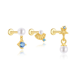 Boucles d'oreilles en argent sterling S925 avec zircon géométrique, coquillage, étoile de mer et perle - Product Image 1