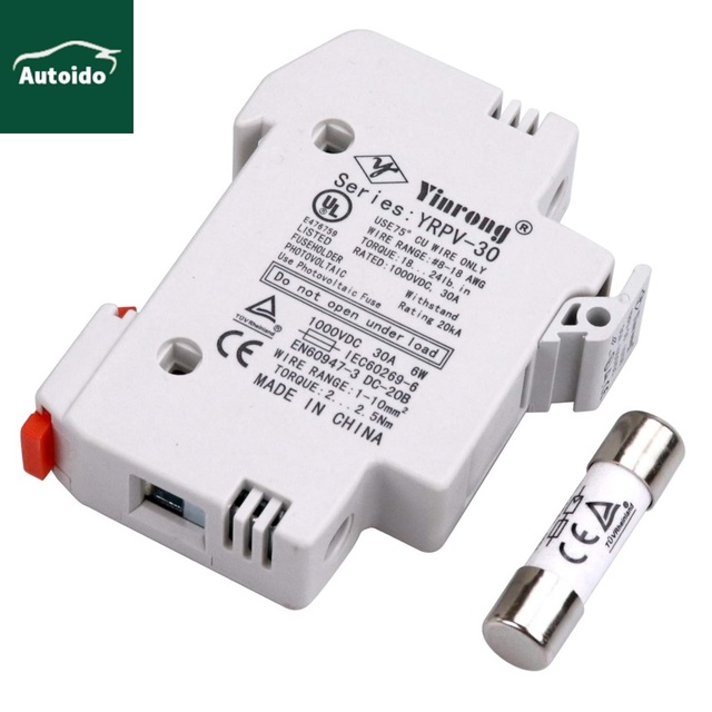 DC 1000V Photovoltaic Fuse 10x38mm 1A-32A Fast Blow Ceramic Fuse with Din Rail Holder for Solar Array Combiner Box Porta Fusible