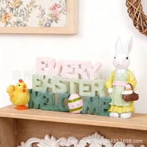 Easter Rabbit Figurine With Chicken And Signs Resin Decor For Home Indoor Easter Decoration - Product Image 1