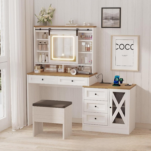 Contemporary Bedroom Women's Wood Eco-Friendly <strong>Big</strong> Makeup <strong>Dressing</strong> Vanity <strong>Table</strong> with Stool LED Mirror 5 Drawers - Product Image 2