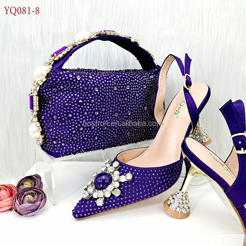 YQ081 2023 Nigerian Women's high Heels Frosted Crystal Shiny Rhinestone Party Italian Design Pointed Shoes And Bag Set