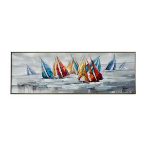 Kleurrijk Groot Formaat Landschap Abstracte Zeeboot Olieverfschilderij Gratis Wolk 100% Met De Hand Geschilderd Zeilschip