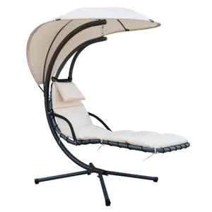 带框架和遮阳篷的悬挂式躺椅户外浮动太阳椅花园休闲躺椅带靠垫和颈垫