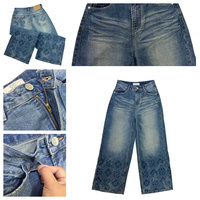 Pantalon en jean taille haute à jambe large pour femme, style streetwear imprimé, délavé et vieilli, vintage, pour l'été, l'automne et le printemps, décontracté et tendance au quotidien