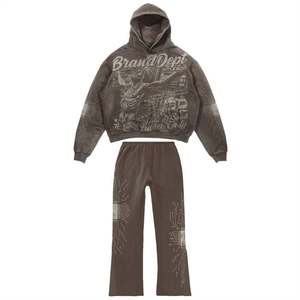 Alta calidad Otoño Invierno desgastado personalizar impresión algodón 2 piezas hombres Sudadera con capucha Jogger conjunto - Product Image 1