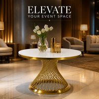 Table de Salle à Manger Moderne en Acier Inoxydable Doré et Plateau en Verre pour Utilisation Extérieure Mariage Hôtel, 1 Pièce Meuble Carton