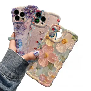 Funda de teléfono de silicona con estampado de flores con pintura al óleo brillante láser de lujo para iPhone 15 14 Pro Max