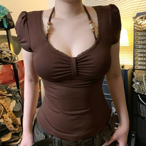 Camiseta de Manga Corta con Cuello Cuadrado y Encaje, para Mujer, Color Rosa, Corte Ajustado, con Cuentas y Fruncido, Estilo Casual Chic - Product Image 5