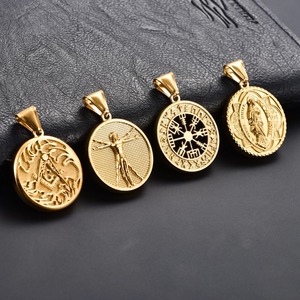 Collier pendentif rond vintage en acier inoxydable pour femmes et hommes, chaîne couleur or, breloques religieuses, accessoires de bijoux en métal DIY - Product Image 3