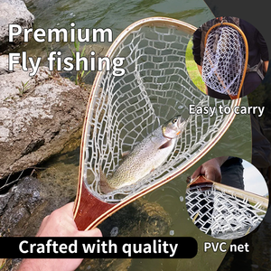 Épuisette de pêche à la mouche pour attraper et relâcher les truites, cadre en bois avec <span class=keywords><strong>filet</strong></span> en <span class=keywords><strong>caoutchouc</strong></span> souple - Product Image 2