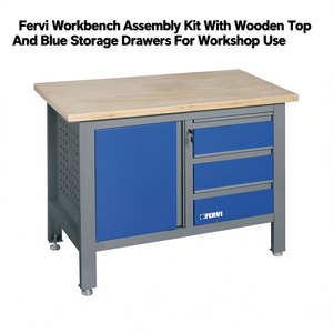 Kit de montaje de banco de trabajo Fervi con superficie de madera y cajones de almacenamiento azules para uso en taller - Product Image 3