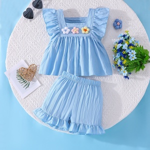 Nuovo Completo Estivo in Cotone per Bambine, Set Due Pezzi <span class=keywords><strong>Blu</strong></span> con Maniche a Sbuffo, Top e Pantaloncini Tinta Unita Casual per Bambini - Product Image 6