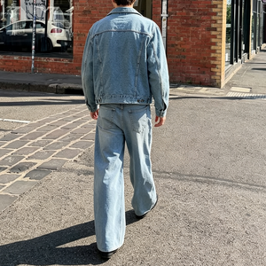 <b>Custom</b> Men High Quality Button up Light <b>Denim</b> <b>Denim</b> <b>Jacket</b> Set Loose Fit Casual Streetwear Two-Piece Outfit for Men - Product Image 3
