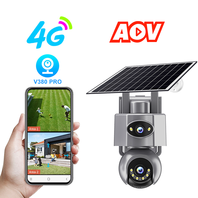 AOV Solar Powered Dual Lens 4G LTE PTZ Security Camera Outdoor Wireless IP Camera with Color Night Vision Two-Way Audio