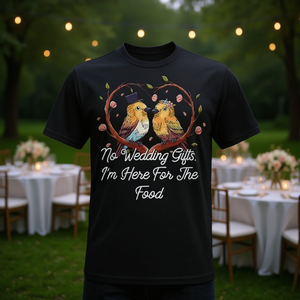 Camiseta para invitados de boda, novia y novio, con la frase “Aquí por el comida” - Product Image 3