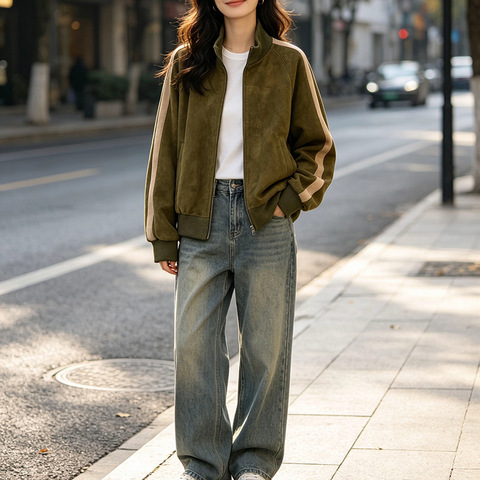 HN601 Zip up American Vintage Baseball Style Sleeve Color Matching Coat Women's Stand Collar Suede Goatskin Jacket
