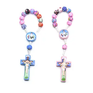 Child Rosary Colorful Polymer Clay Beads Holy Cross Necklace And Bracelet Baptism Beads Catholic Children Gift Set