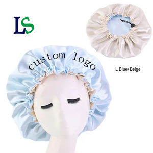 Nouveau design, <span class=keywords><strong>bonnet</strong></span> en satin double couche avec logo personnalisé et sacs en satin pour femmes, bandeau de nuit en satin de créateur avec logo et lien de fixation - Product Image 1