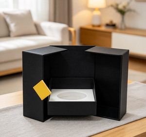 Boîte cadeau écologique haut de gamme noire à double porte avec base en carton rigide, impression quadricolore, fermeture magnétique carrée dorée - Product Image 4