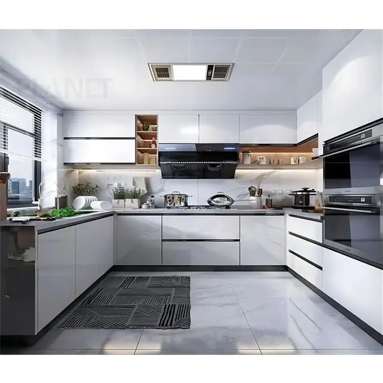 Foshan fabrika mobilya modern handless kontrplak mutfak dolapları set tasarım premade lüks beyaz u şekli ahşap mutfak dolabı