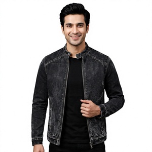 High Quality Vintage Bomber <b>Jacket</b> for <b>Men</b> Black Stand Collar Moto <b>Biker</b> Denim Coat Outerwear made Cotton Canvas Black Denim - Product Image 1