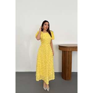 Vestido de Noche de Gala Amarillo XS al por Mayor con Cuello Alto, Cintura Imperio, Lentejuelas Tejidas a Crochet, Largo hasta el Suelo para Fiesta Formal - Product Image 4