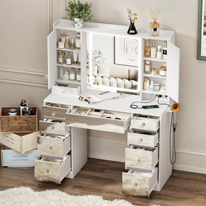 <span class=keywords><strong>Coiffeuse</strong></span> transfrontalière avec miroir, <span class=keywords><strong>LED</strong></span>, prise électrique et tiroir de rangement pour maquillage et chambre - Product Image 3