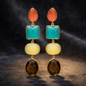 Boucles d'oreilles ethniques pendantes en argent plaqué or avec pierres de quartz multicolores pour femmes et unisexe, idéales pour fiançailles, mariages et soirées - Collection Jaipur Gems - Product Image 3