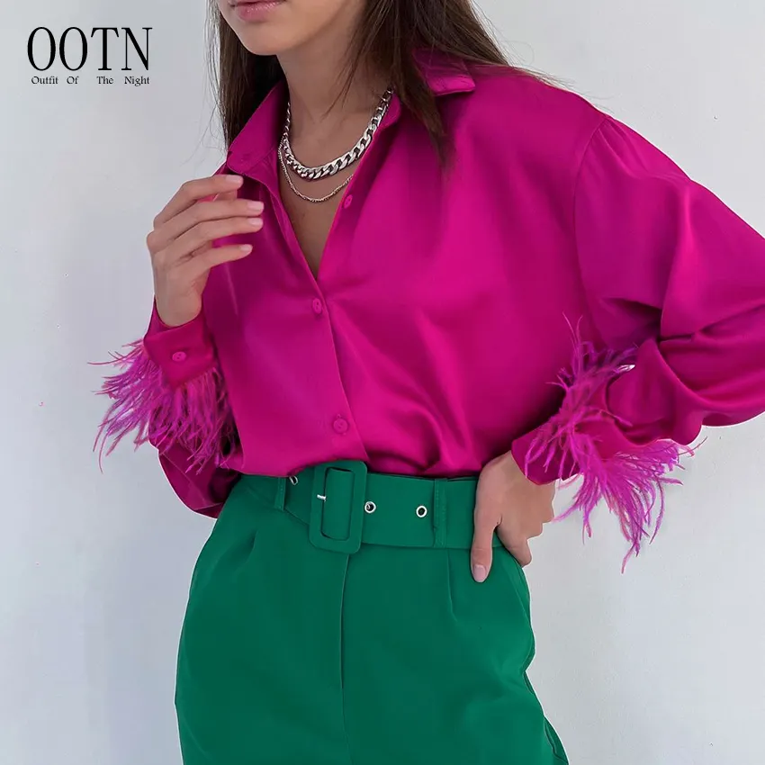 OOTN Silk Satin Blouse Shirt For Woman 2022 Autumn Winter Women Fashion Elegant Long Sleeve Spliced Feathers Solid Ladies Tops