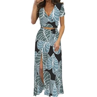 Hawaii Style femmes à manches courtes robe longue Kalo feuilles imprimer col en V à manches courtes jupe longue costume élégant dame deux pièces costumes