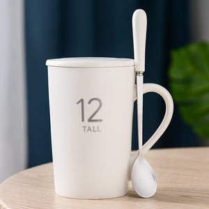 Mug en céramique avec couvercle et cuillère, tasse haute de 12 cm pour café, thé, cadeau - Product Image 1