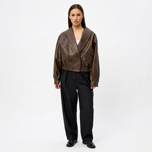 <b>Brown</b> Genuine <b>Leather</b> Moto <b>Jacket</b> <b>Women</b> Oversized Cropped Biker Outerwear Turn-down Collar for Autumn - Product Image 1