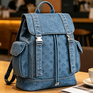 Zaino in Denim <span class=keywords><strong>Blu</strong></span> con Monogramma per Donne, Multitasche con Chiusura a Coulisse, Stile Vintage per Scuola e Attività all'Aperto - Product Image 2