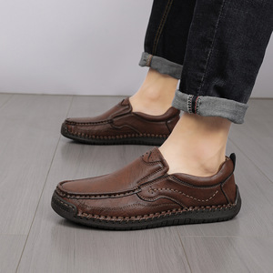 Chaussures en cuir pleine fleur pour hommes, à enfiler, confortables pour la marche, cousues à la main, semelle intérieure souple, pour usage quotidien urbain et décontracté - Product Image 3