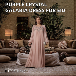 Purple Crystal Galabia Dubai Islamic Dress for Women Modest Breathable Polyester <b>Ankle</b> Length Floral One Size Fits All Eid - Product Image 2
