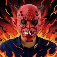 Masque en latex de démon rouge avec cornes, effrayant, pour Halloween, fête costumée, accessoires de cosplay