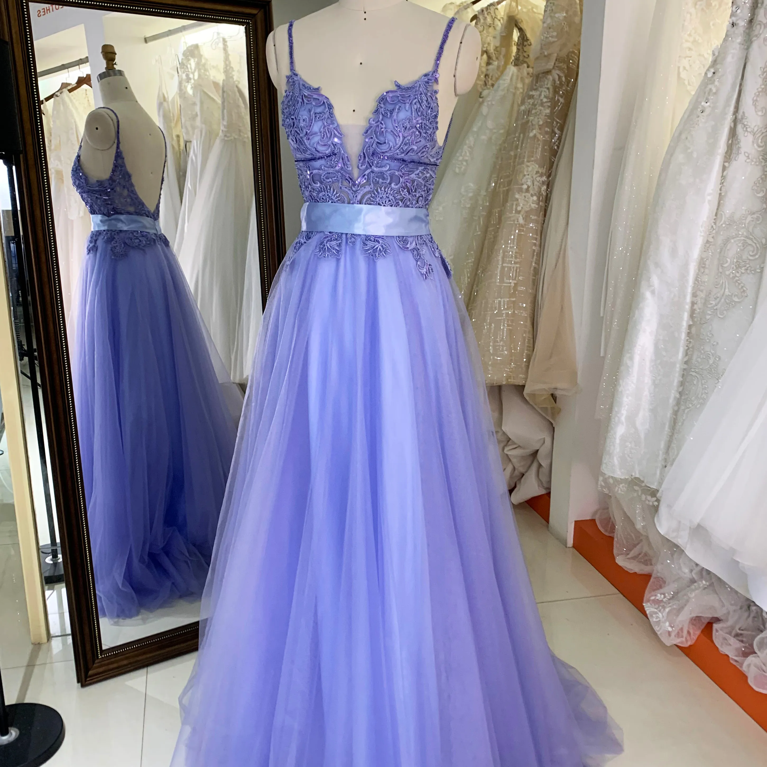 Dusty blue embroidery V neck sleeveless satin belt tulle A line skirt formal prom dresses