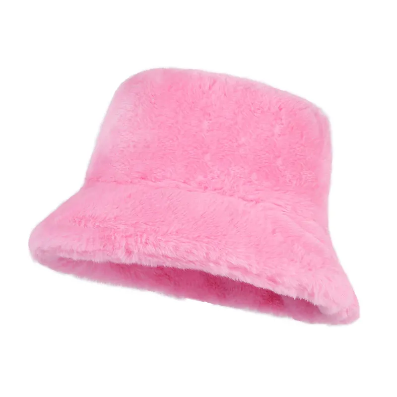 ピンクのふわふわファジーウォームバケットハット冬の女性の女の子のためのフェイクファーフィッシャーマンキャップ
