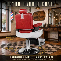 Fauteuil de Barbier Vintage Rouge Inclinable et Robuste avec Pompe Hydraulique, Rotation à 360 Degrés, Siège en Cuir PU, Hauteur Réglable - Salon