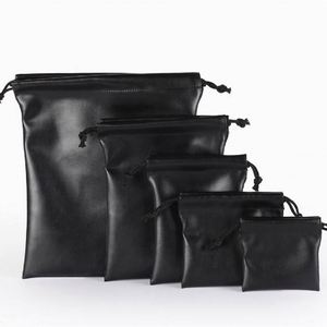 Custom Print Logo Black PU Leather <b>Drawstring</b> <b>Pouch</b> Waterproof Leather Earphone Jewelry <b>Drawstring</b> Bag - Product Image 2