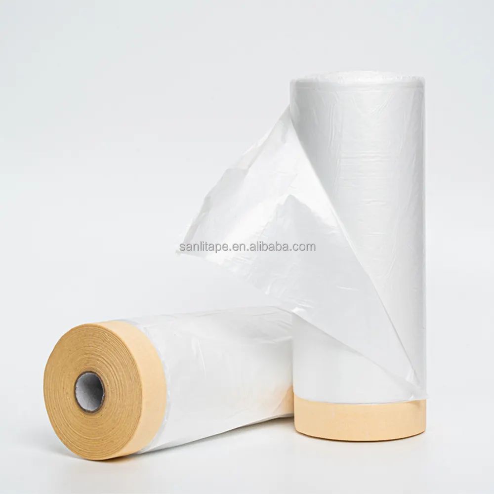 Pre Taped Plastic Film HDPE Light Weight Speedy For Car Painting Masking Film With Tape Roll