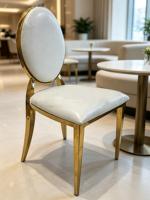 Chaise de banquet ovale dorée avec dossier, en similicuir blanc, en acier inoxydable poli, pour mariage, hôtel, restaurant, salle à manger