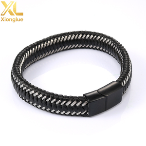 Simple High Polished Interface and Cross Wire Braided <b>Leather</b> <b>Bracelet</b> Silver Stainless Steel Gift for Mens Jewelry - Product Image 1