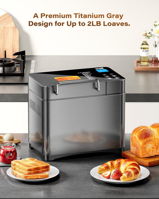 710W 2LB Bread Maker Dual Heaters, 17-in-1 Stainless Steel Bread Machine with Healthy Ceramic Pan, Automatic Nut Dispenser
